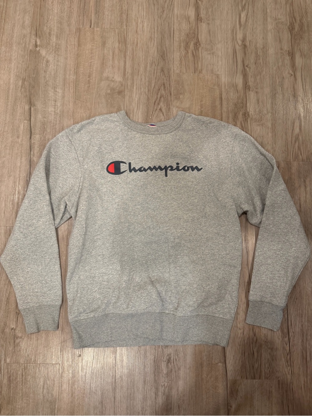 Champion Men's Grey Script Logo Crewneck Sweatshirt - Grey - Size Medium